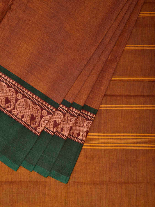 Mustard and Green Kanchipuram Cotton Plain Saree with Elephant Border Design No Blouse k1003