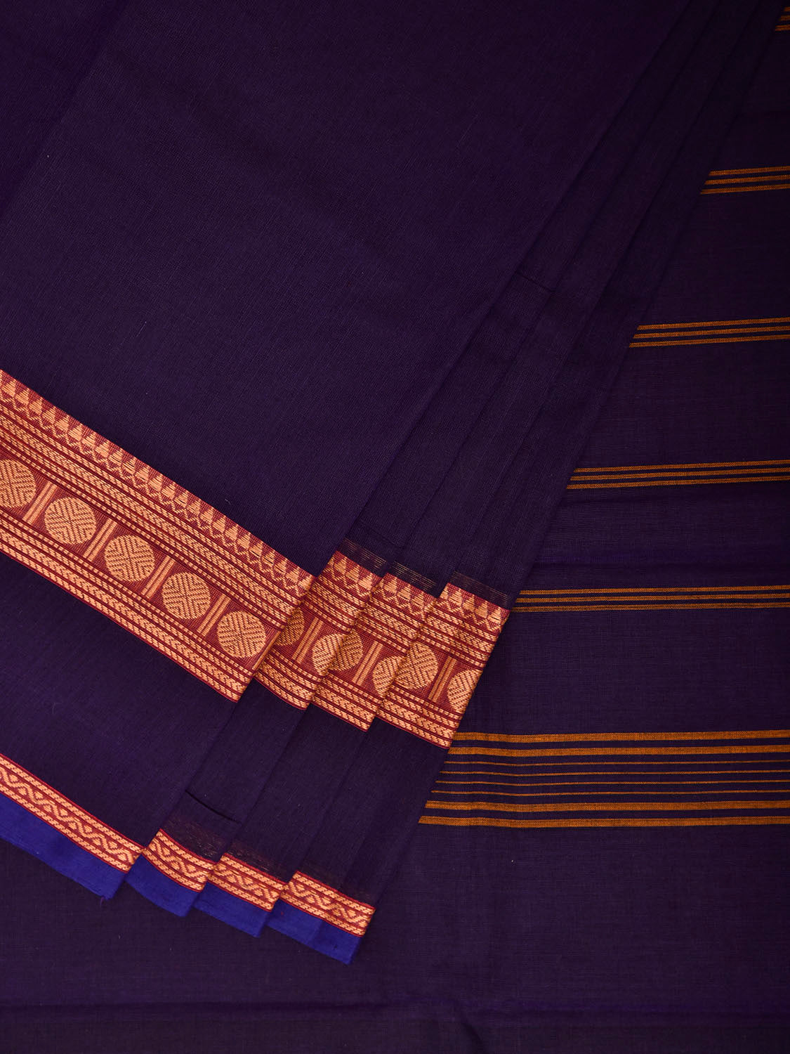 Navy Kanchipuram Cotton Plain Saree with Strips Pallu Design No Blouse k1004