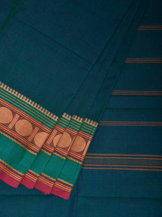Teal Kanchipuram Cotton Plain Saree with Strips Pallu Design No Blouse k1005