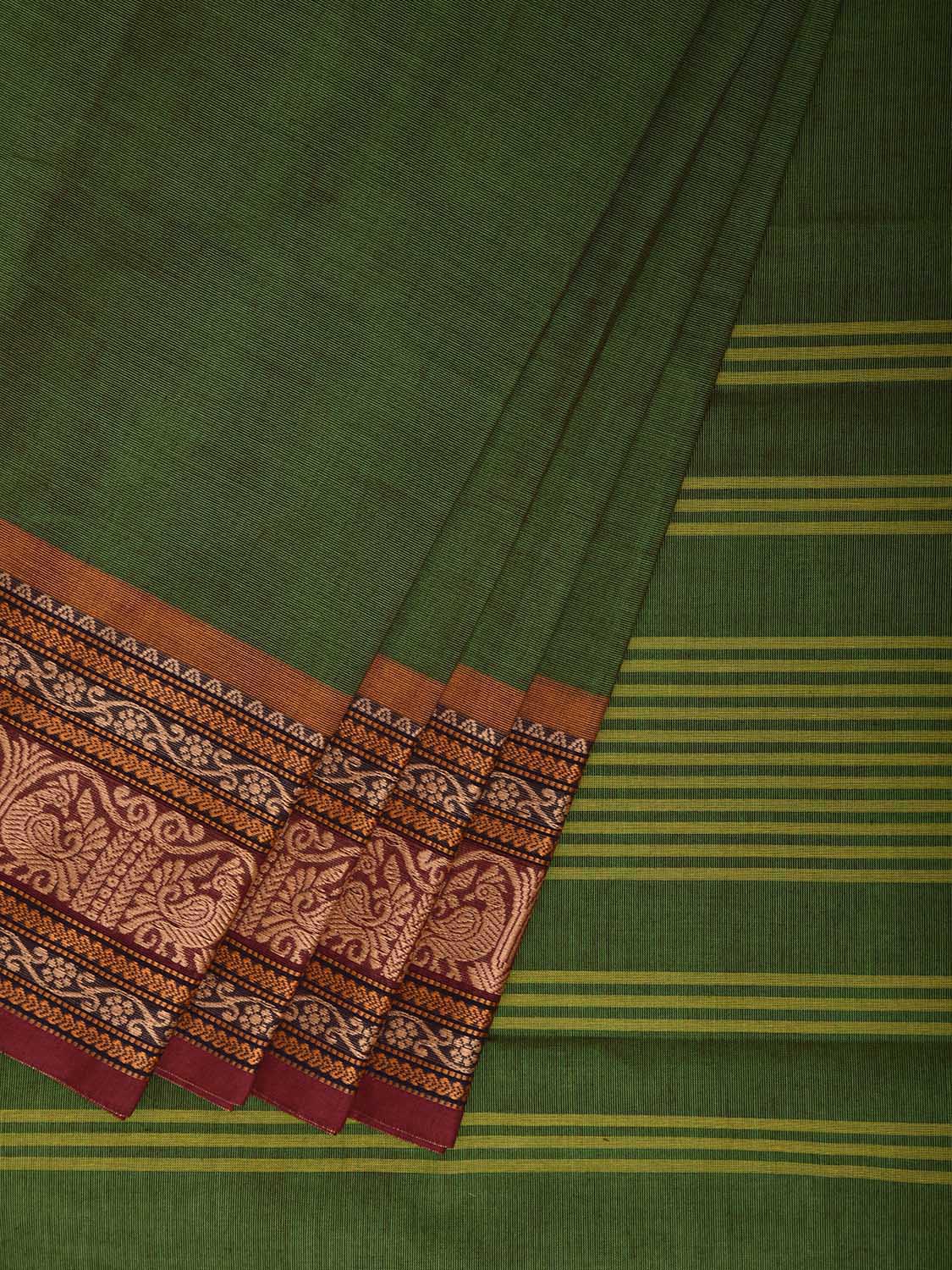 Green Kanchipuram Cotton Plain Saree with Strips Pallu and Border Design k1006
