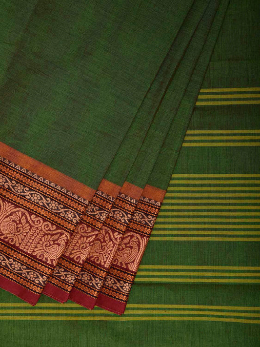Green Kanchipuram Cotton Plain Saree with Strips Pallu and Border Design k1006
