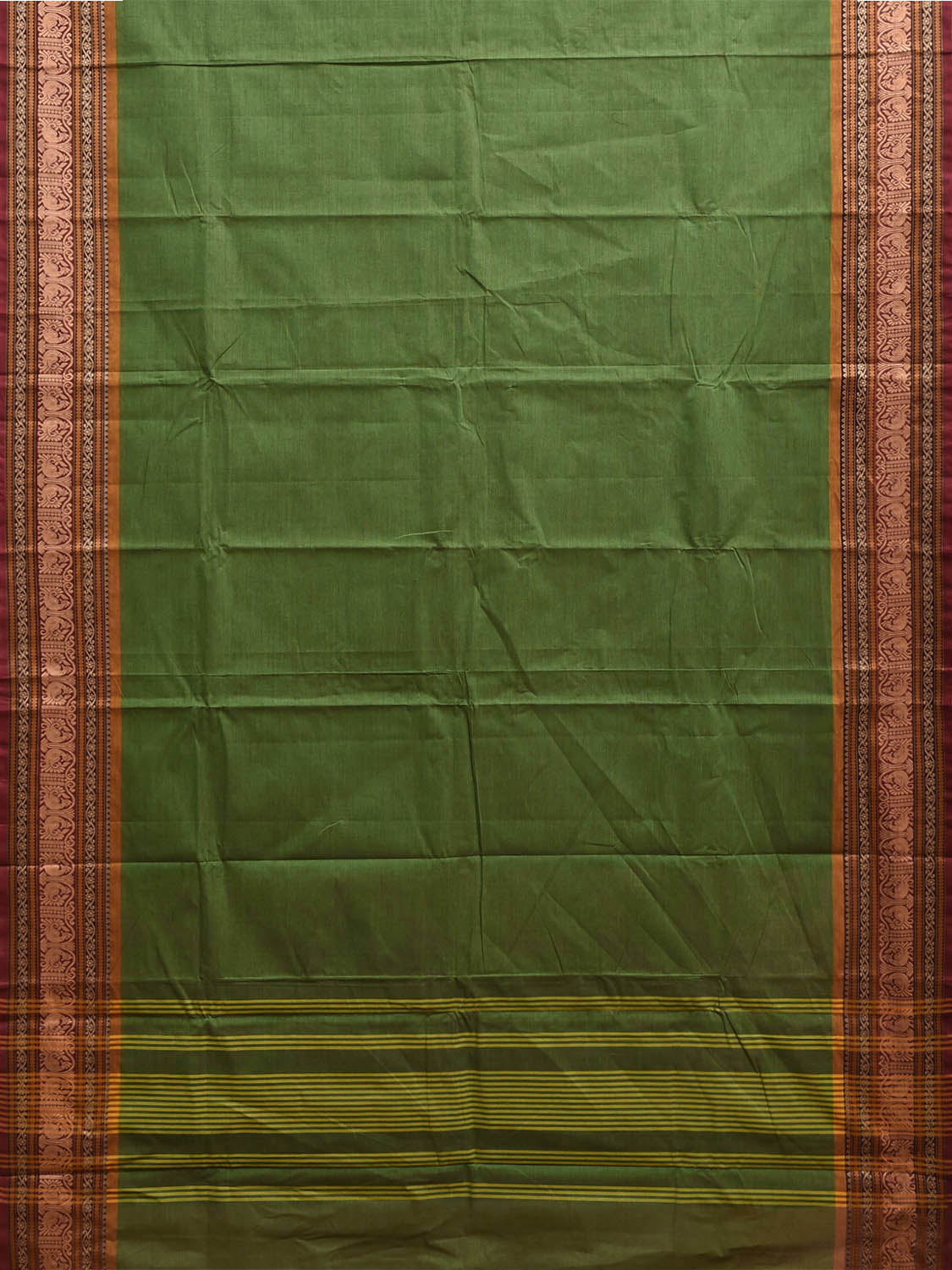 Green Kanchipuram Cotton Plain Saree with Strips Pallu and Border Design k1006