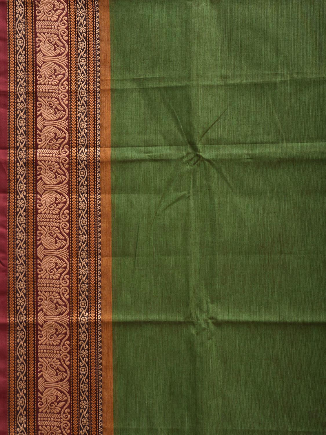 Green Kanchipuram Cotton Plain Saree with Strips Pallu and Border Design k1006
