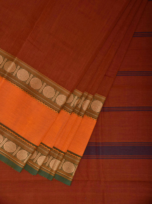 Rust and Orange Kanchipuram Cotton Plain Saree with Strips Pallu Design and Kalamkari Blouse k1007