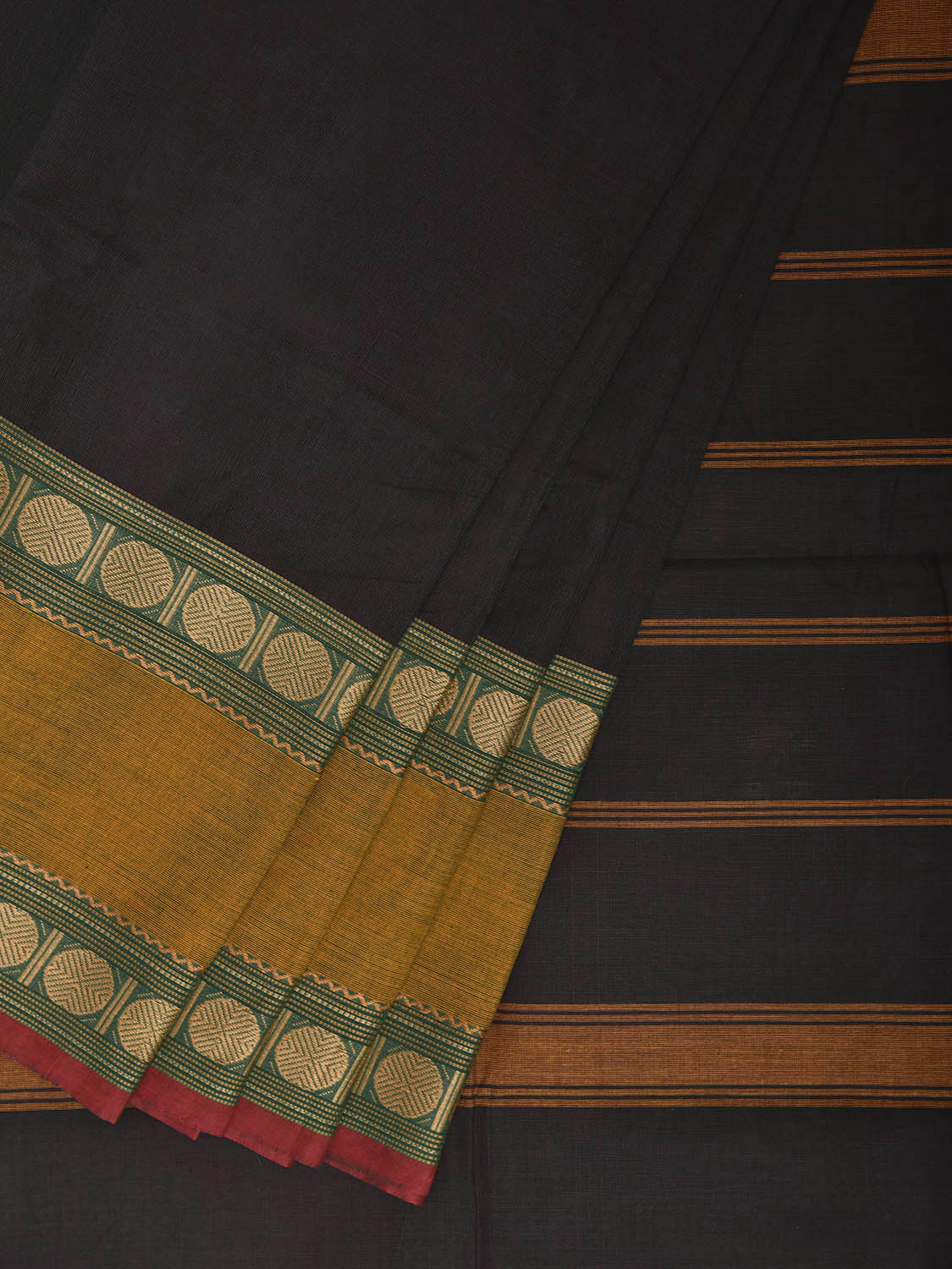 Olive Kanchipuram Cotton Plain Saree with Strips Pallu Design and Kalamkari Blouse k1008