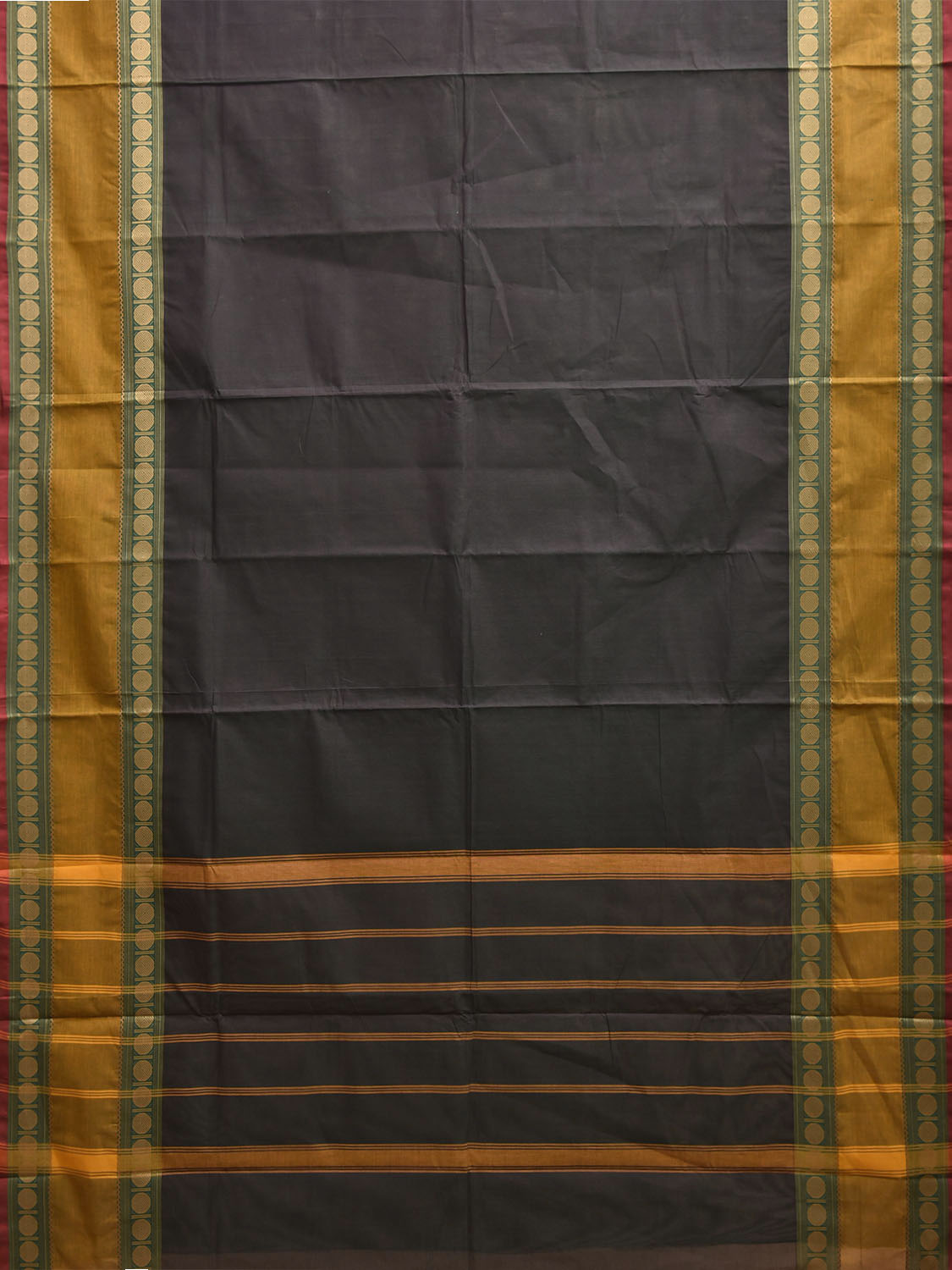 Olive Kanchipuram Cotton Plain Saree with Strips Pallu Design and Kalamkari Blouse k1008