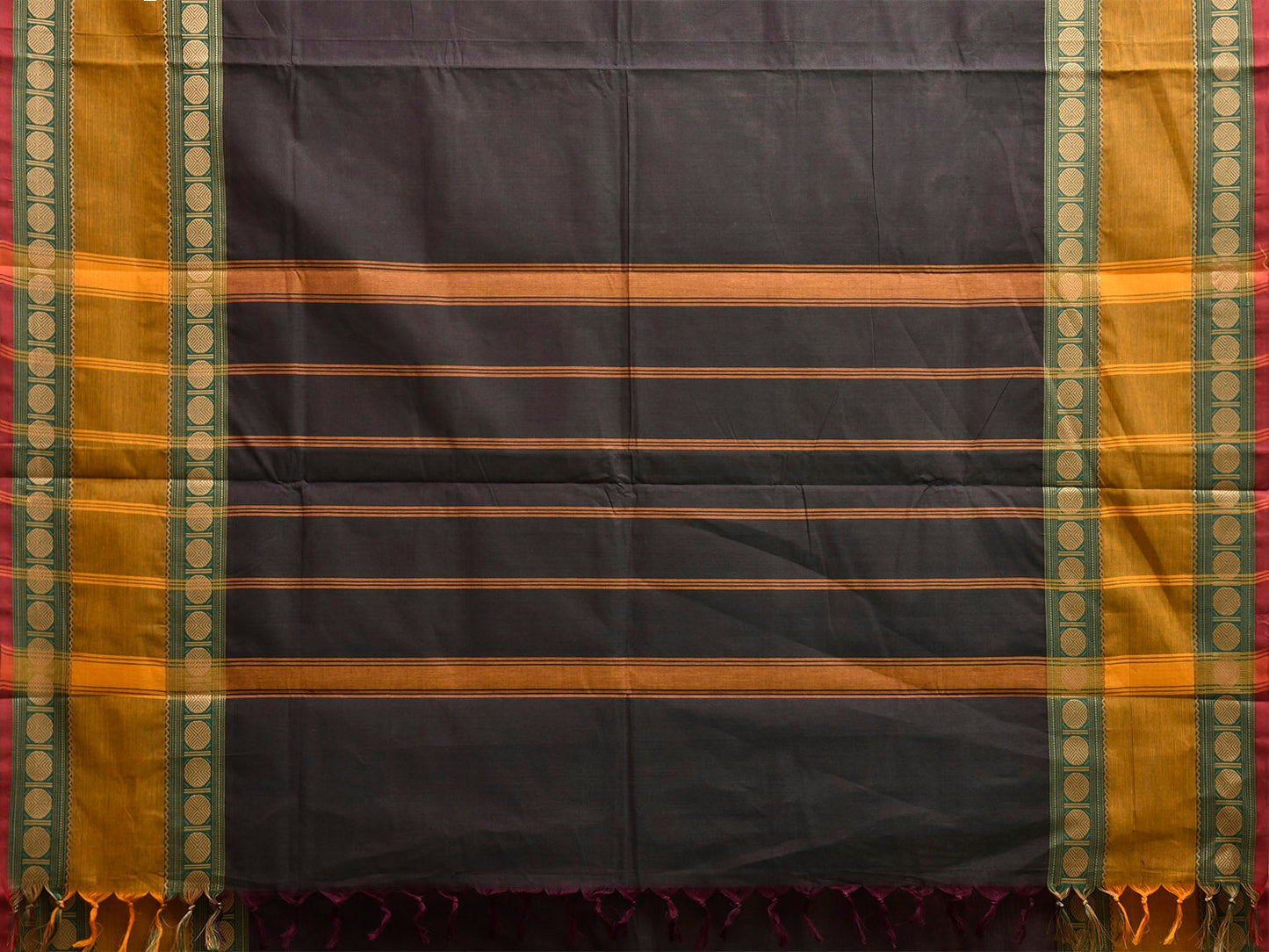 Olive Kanchipuram Cotton Plain Saree with Strips Pallu Design and Kalamkari Blouse k1008