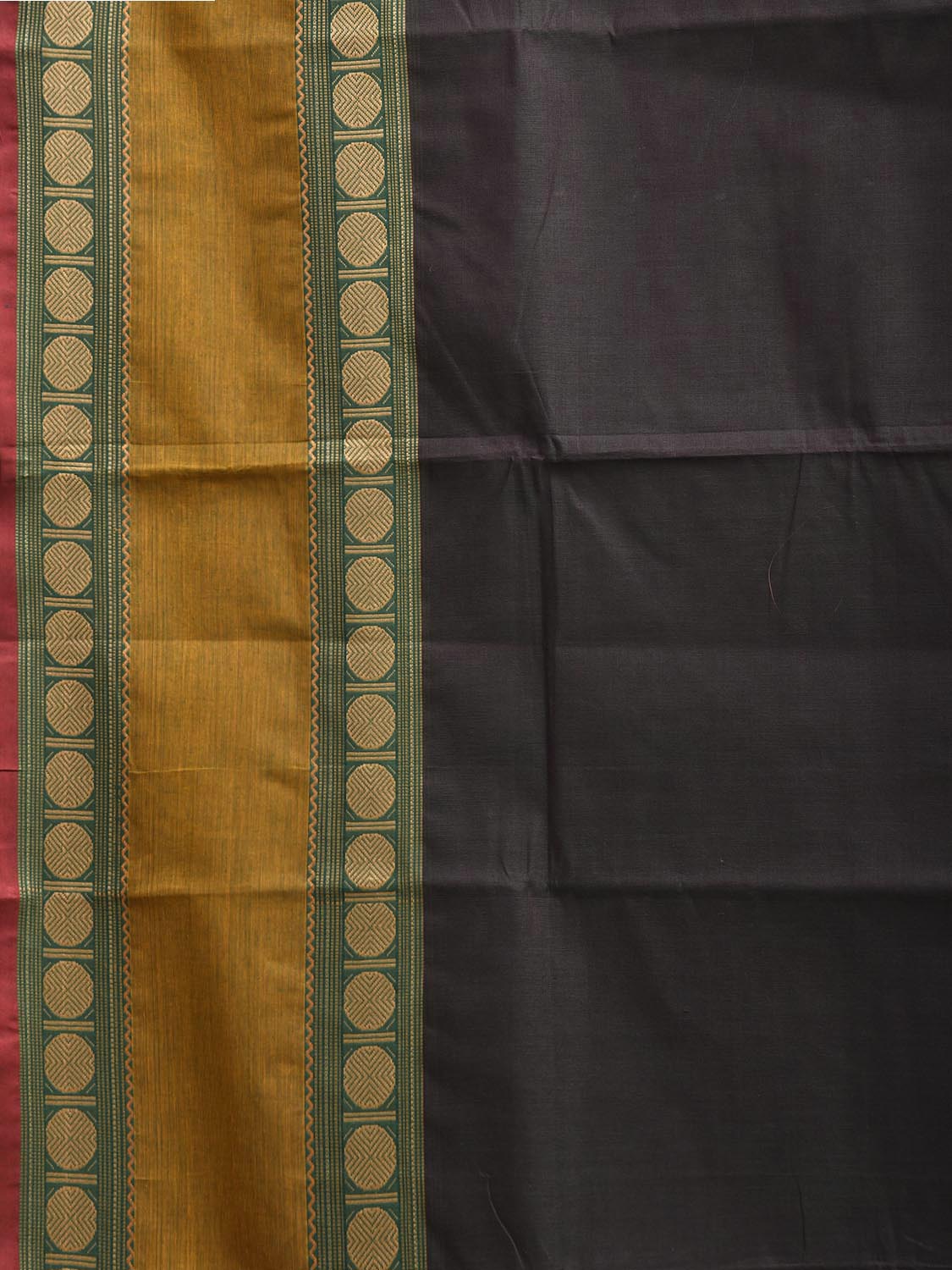 Olive Kanchipuram Cotton Plain Saree with Strips Pallu Design and Kalamkari Blouse k1008
