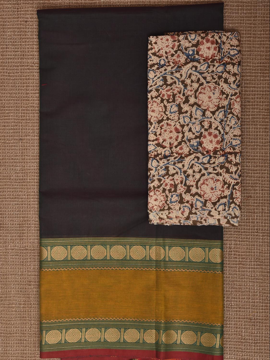 Olive Kanchipuram Cotton Plain Saree with Strips Pallu Design and Kalamkari Blouse k1008