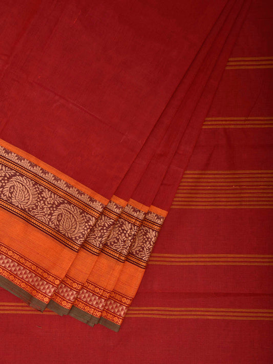 Red Kanchipuram Cotton Plain Saree with Strips Pallu and Border Design and Kalamkari Blouse k1009
