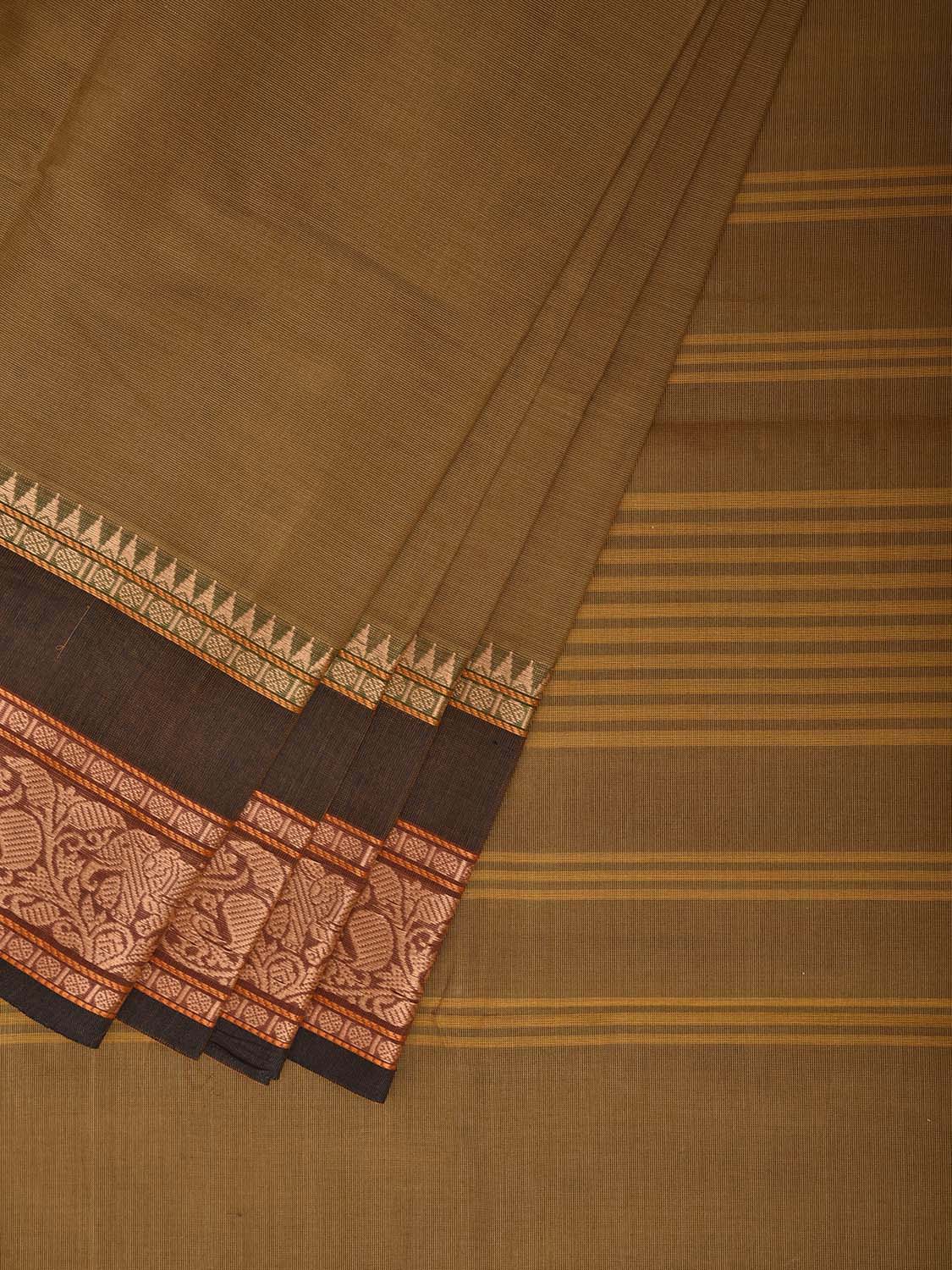 Light Olive Kanchipuram Cotton Plain Saree with Strips Pallu and Border Design and Kalamkari Blouse k1010