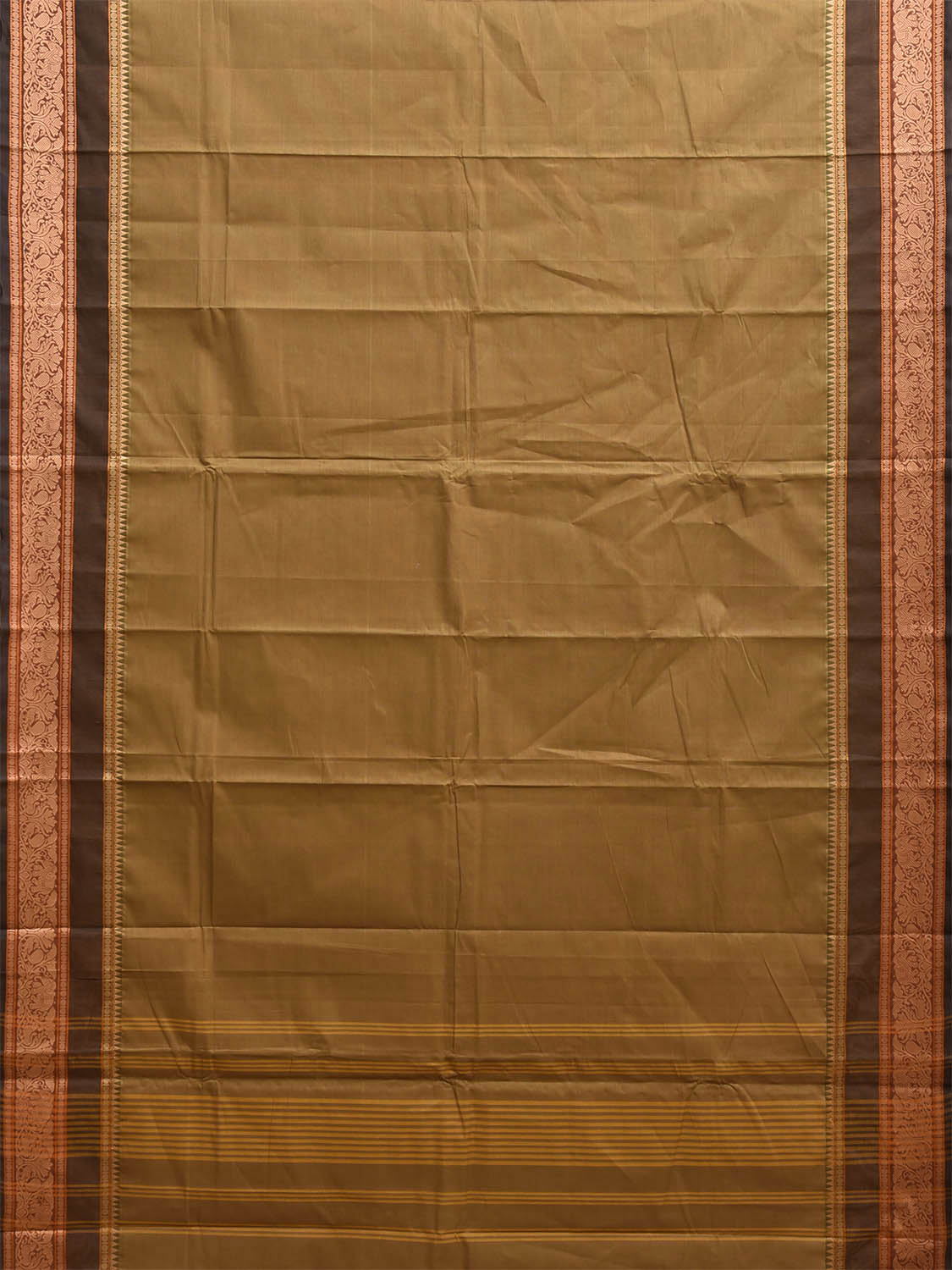 Light Olive Kanchipuram Cotton Plain Saree with Strips Pallu and Border Design and Kalamkari Blouse k1010