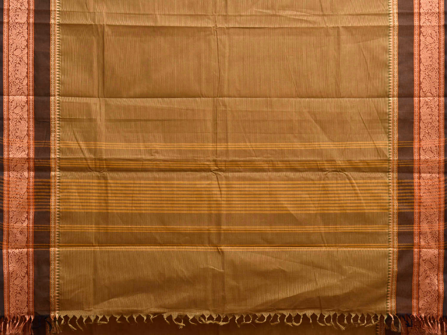 Light Olive Kanchipuram Cotton Plain Saree with Strips Pallu and Border Design and Kalamkari Blouse k1010