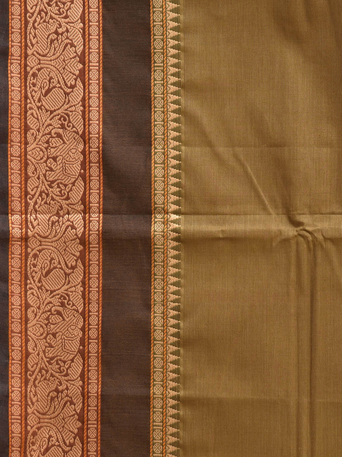 Light Olive Kanchipuram Cotton Plain Saree with Strips Pallu and Border Design and Kalamkari Blouse k1010