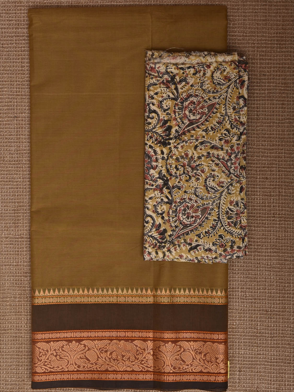 Light Olive Kanchipuram Cotton Plain Saree with Strips Pallu and Border Design and Kalamkari Blouse k1010