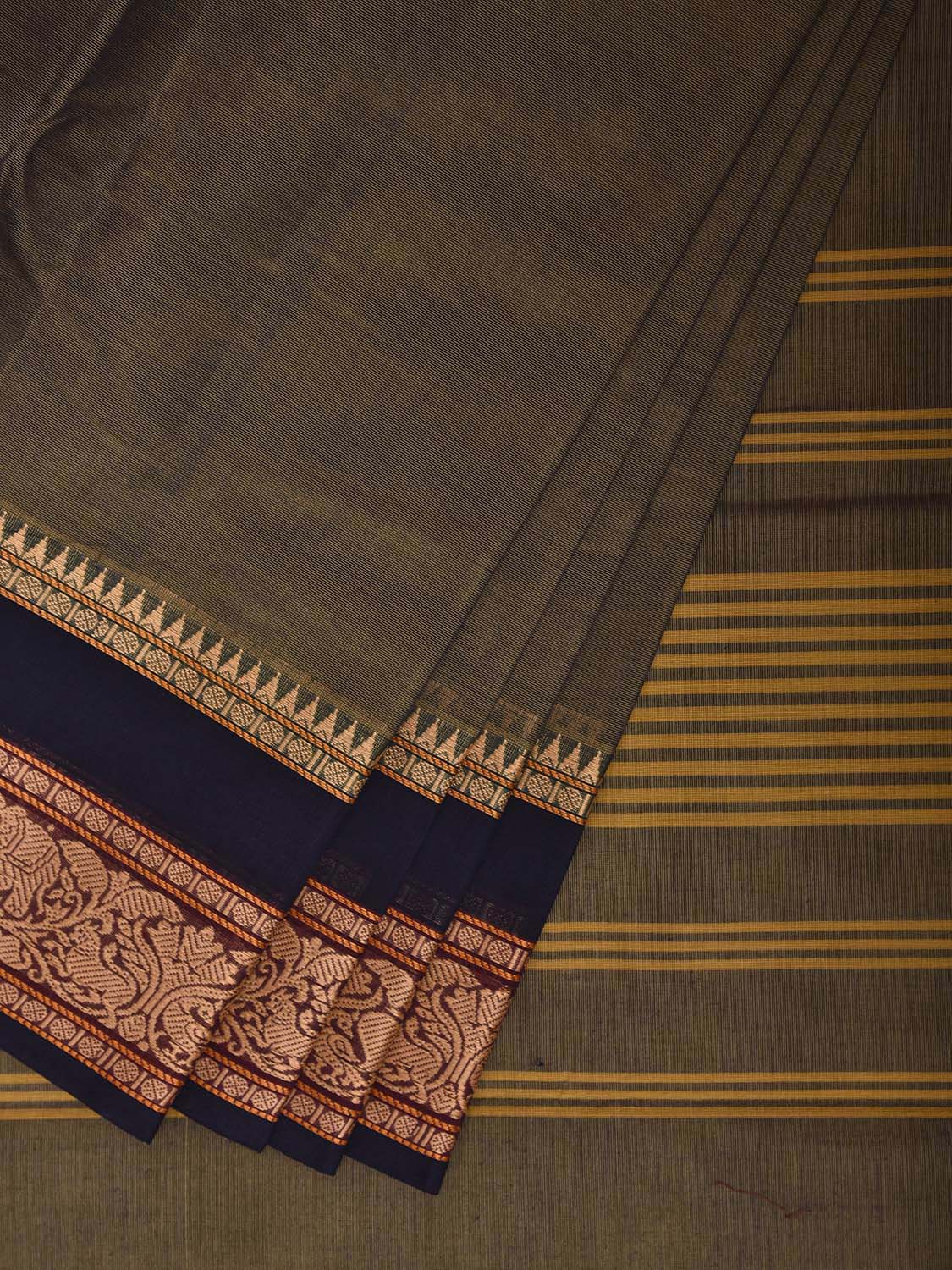 Dark Green Kanchipuram Cotton Plain Saree with Strips Pallu and Border Design k1011