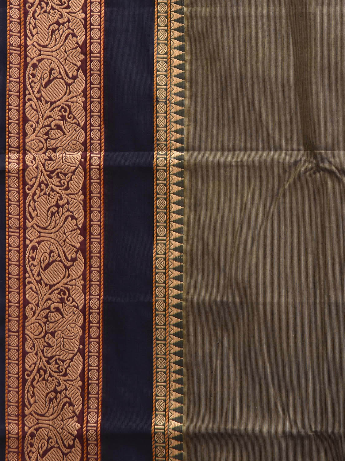 Dark Green Kanchipuram Cotton Plain Saree with Strips Pallu and Border Design k1011