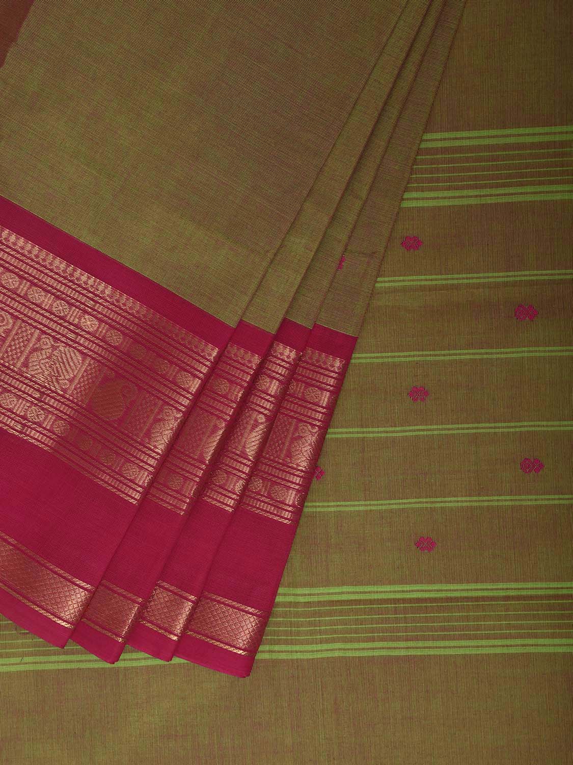 Olive and Pink Kanchipuram Cotton Saree with Strips Pallu and Border Design k1012