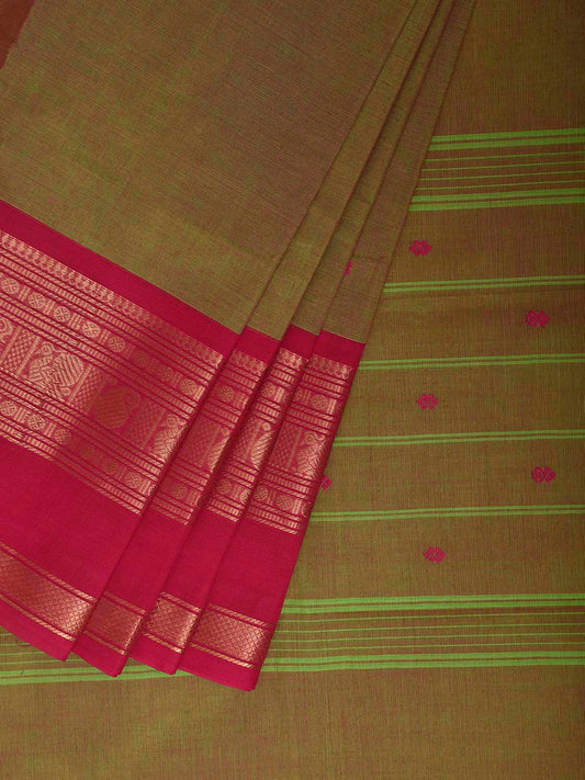 Olive and Pink Kanchipuram Cotton Saree with Strips Pallu and Border Design k1012