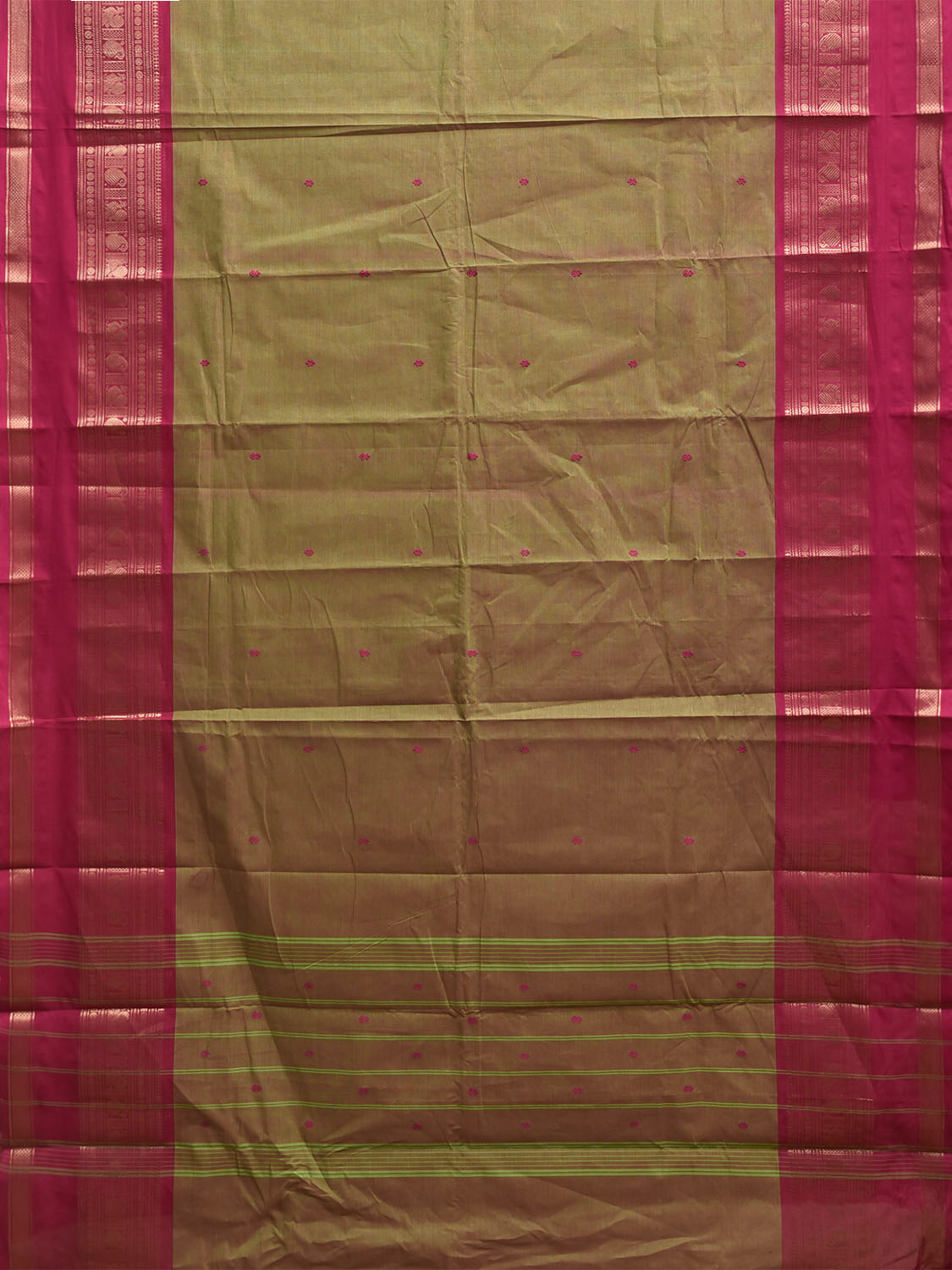 Olive and Pink Kanchipuram Cotton Saree with Strips Pallu and Border Design k1012