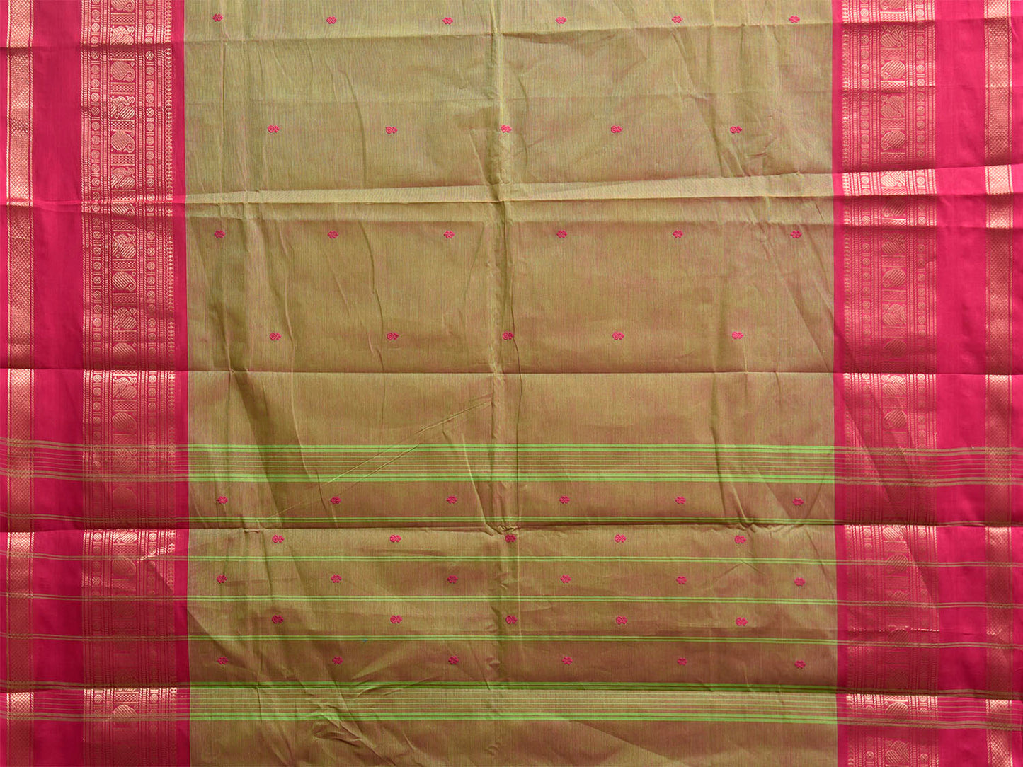 Olive and Pink Kanchipuram Cotton Saree with Strips Pallu and Border Design k1012
