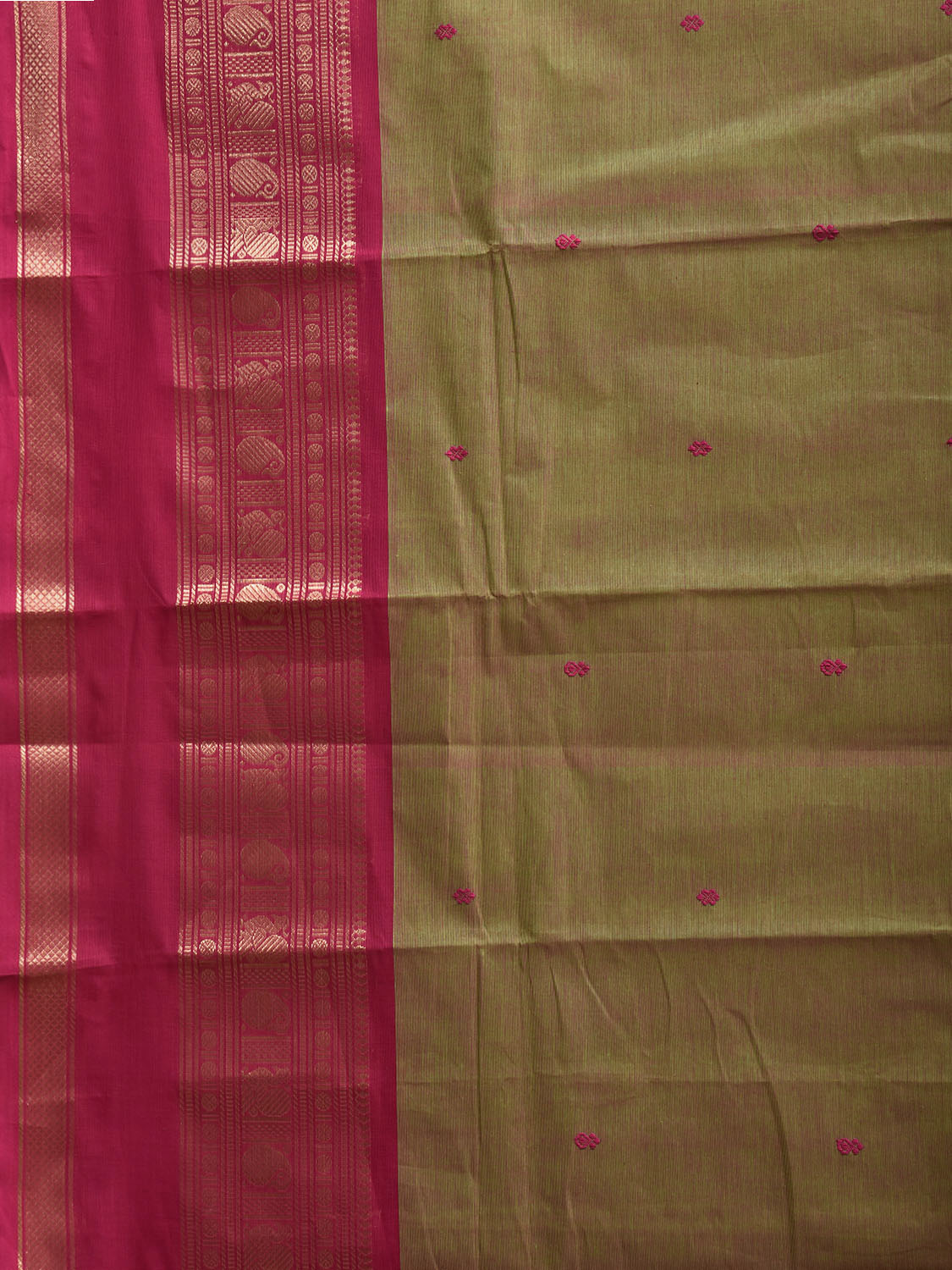 Olive and Pink Kanchipuram Cotton Saree with Strips Pallu and Border Design k1012