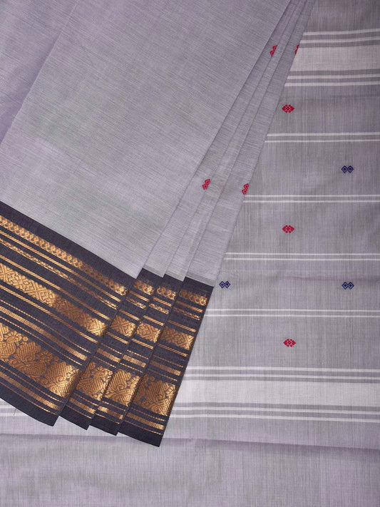 Light Grey Kanchipuram Cotton Saree with Strips Pallu and Ganga-Jamuna Border Design k1013
