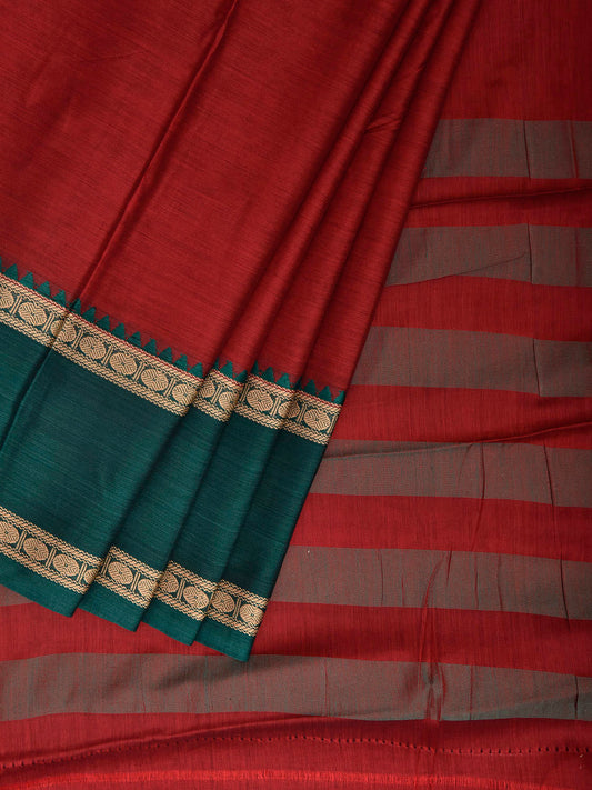 Red Kanchipuram Cotton Saree with Ganga-Jamuna Border Design No Blouse k1016