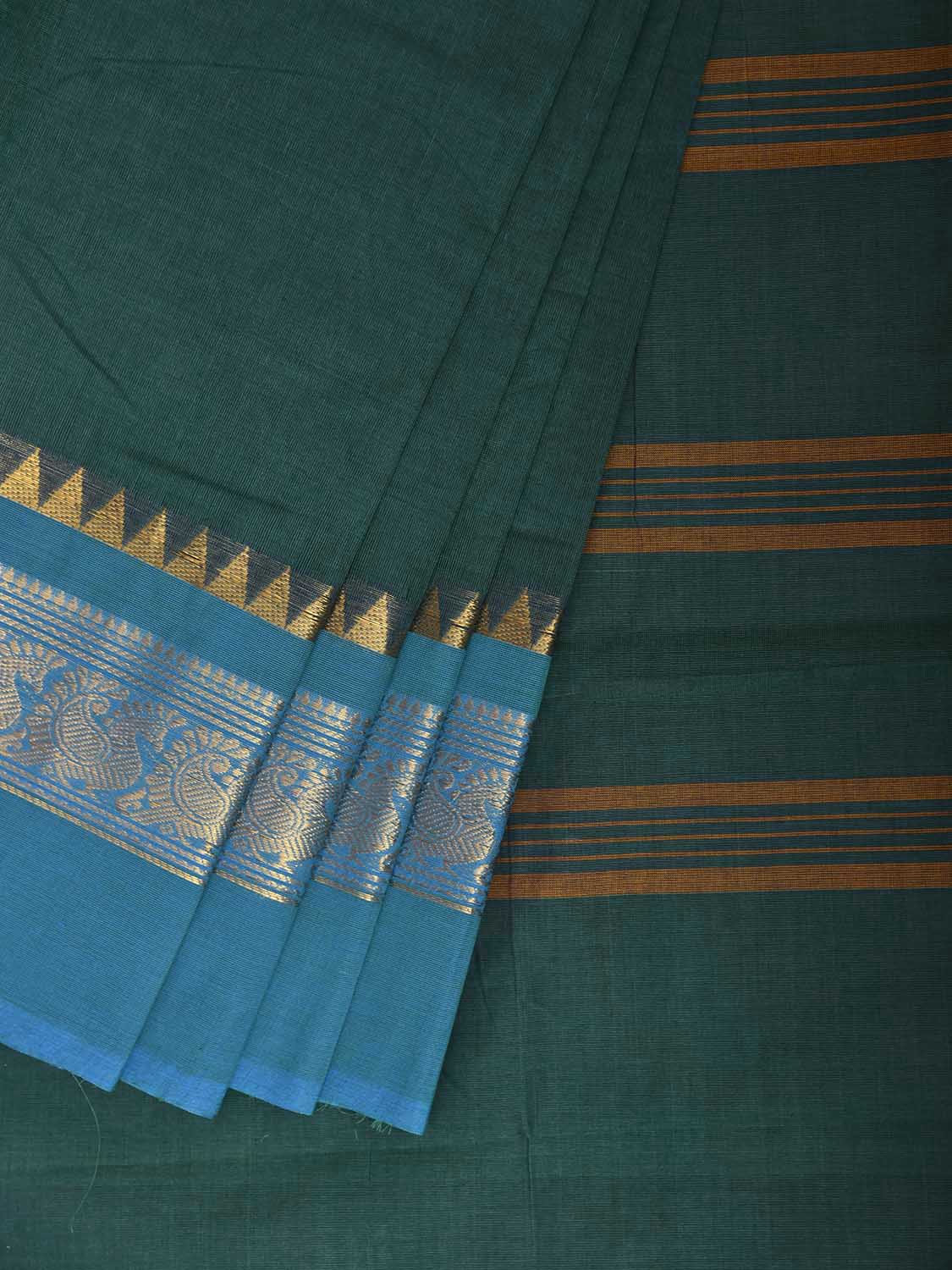 Green and Blue Kanchipuram Cotton Saree with Border Design No Blouse k1017