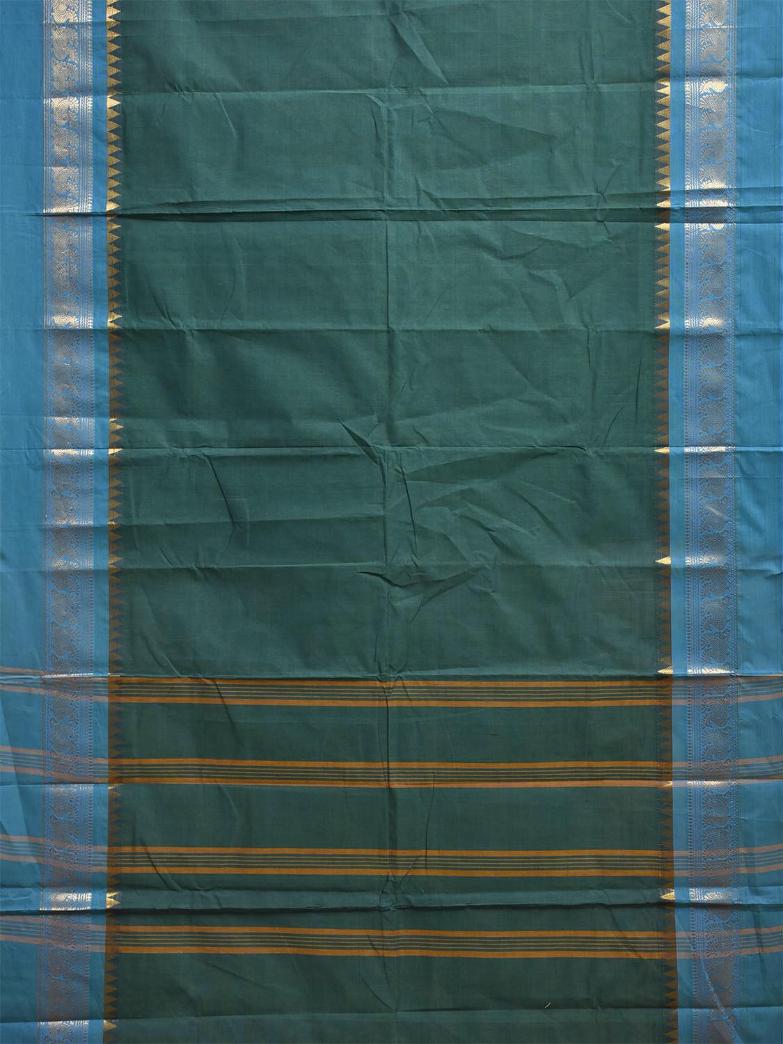 Green and Blue Kanchipuram Cotton Saree with Border Design No Blouse k1017
