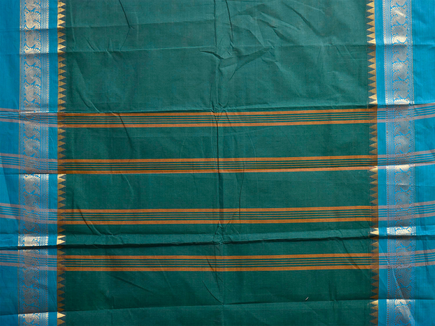 Green and Blue Kanchipuram Cotton Saree with Border Design No Blouse k1017