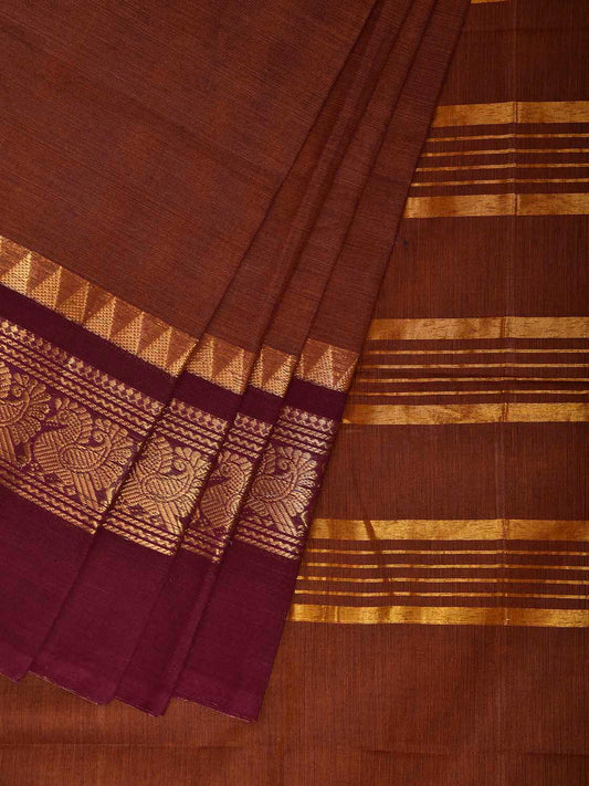 Rust and Maroon Kanchipuram Cotton Saree with Border Design No Blouse k1018