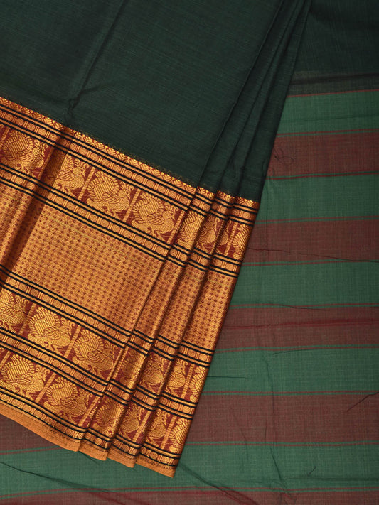 Dark Green Madurai Cotton Plain Saree with Kanchipuram Border Design No Blouse k1019
