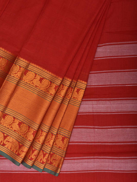 Red Madurai Cotton Plain Saree with Kanchipuram Border Design No Blouse k1020