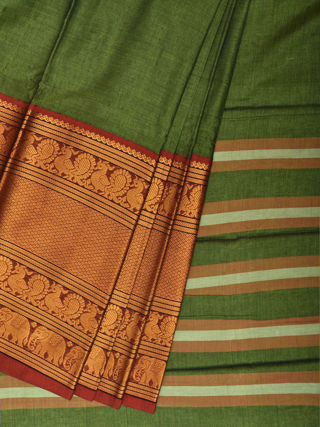 Green Madurai Cotton Plain Saree with Kanchipuram Border Design No Blouse k1021