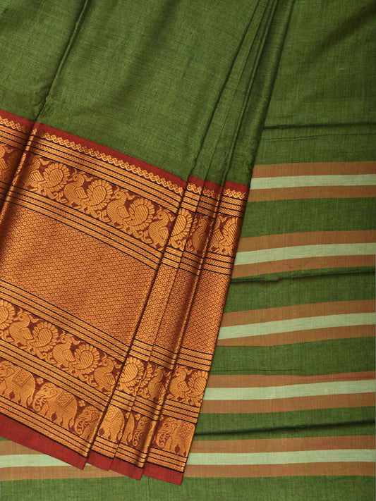 Green Madurai Cotton Plain Saree with Kanchipuram Border Design No Blouse k1021