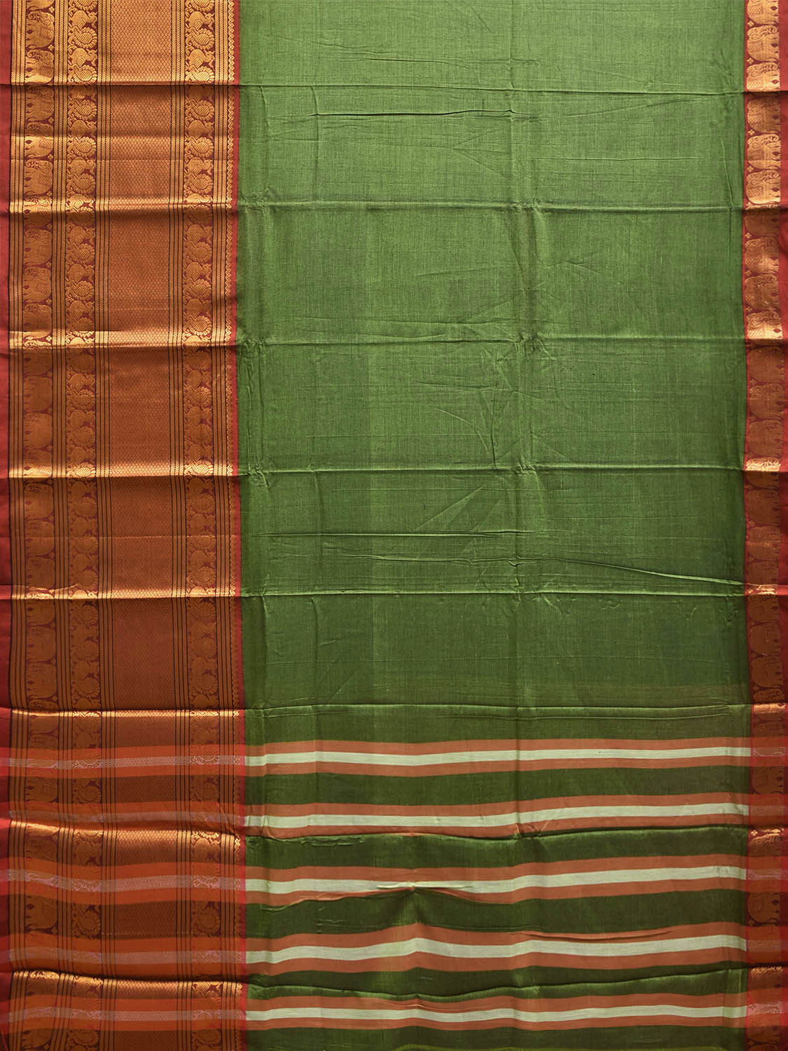 Green Madurai Cotton Plain Saree with Kanchipuram Border Design No Blouse k1021