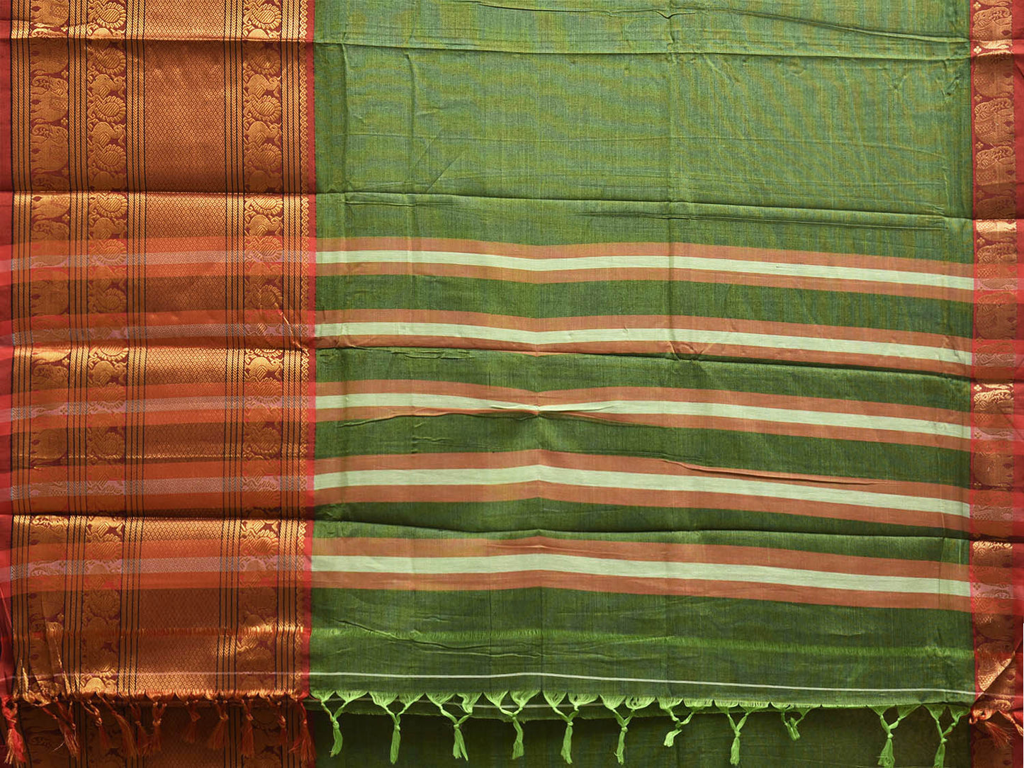 Green Madurai Cotton Plain Saree with Kanchipuram Border Design No Blouse k1021