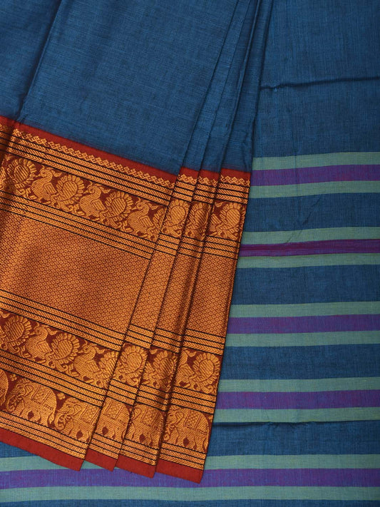 Blue Madurai Cotton Plain Saree with Kanchipuram Border Design No Blouse k1022