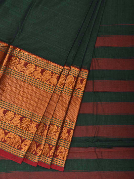Dark Green Madurai Cotton Plain Saree with Kanchipuram Border Design No Blouse k1023