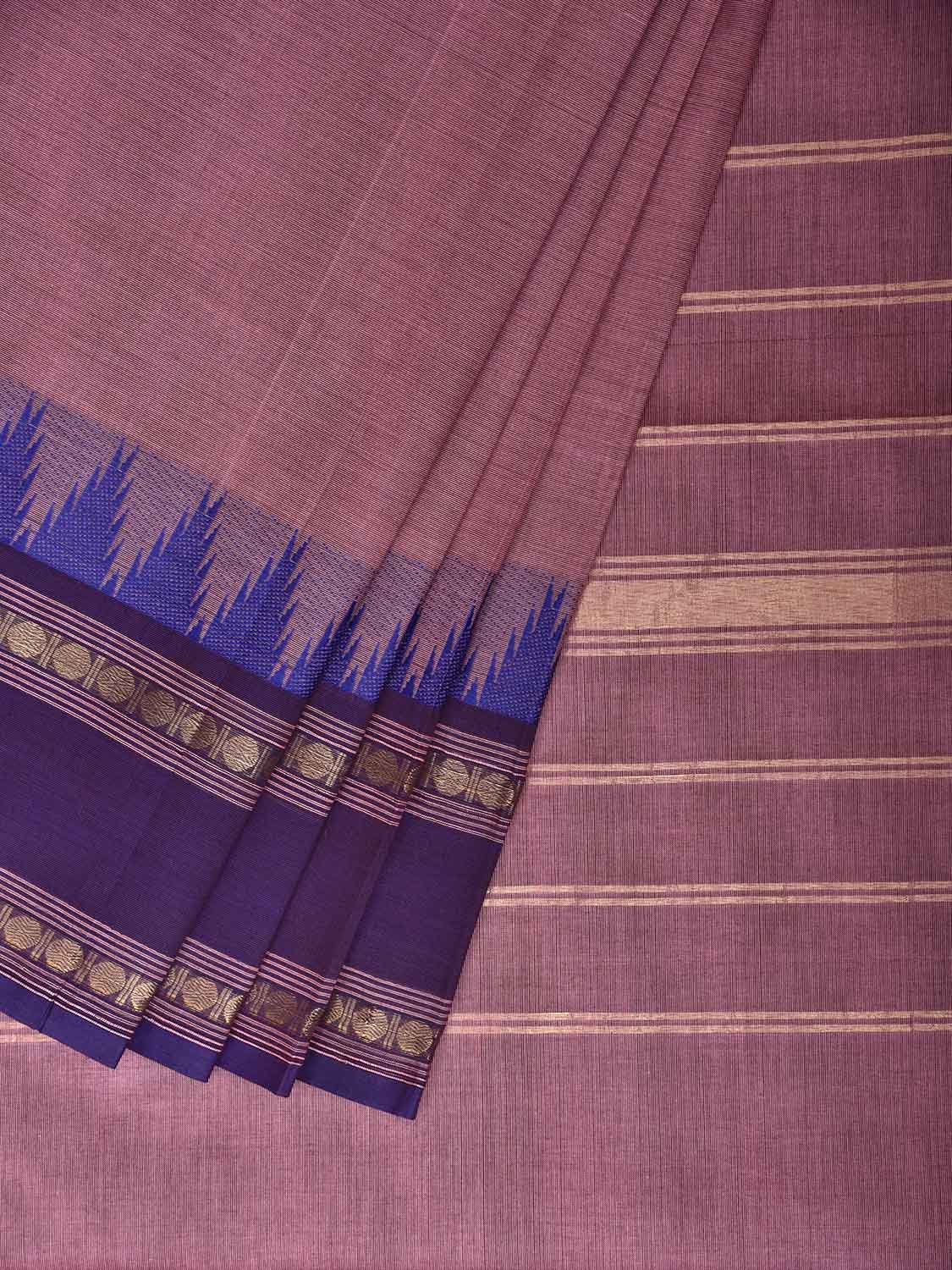 Light Pink and Blue Kanchipuram Cotton Plain Saree with Big Temple Border Design No Blouse k1025