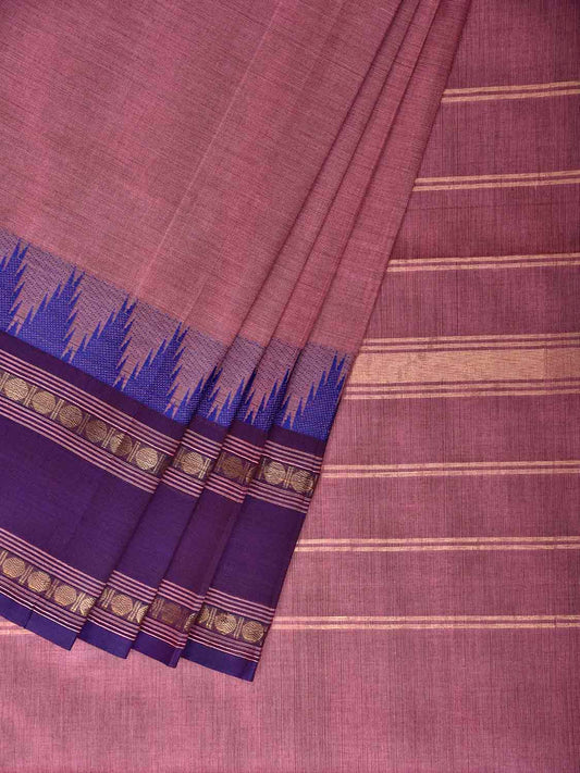 Light Pink and Blue Kanchipuram Cotton Plain Saree with Big Temple Border Design No Blouse k1025