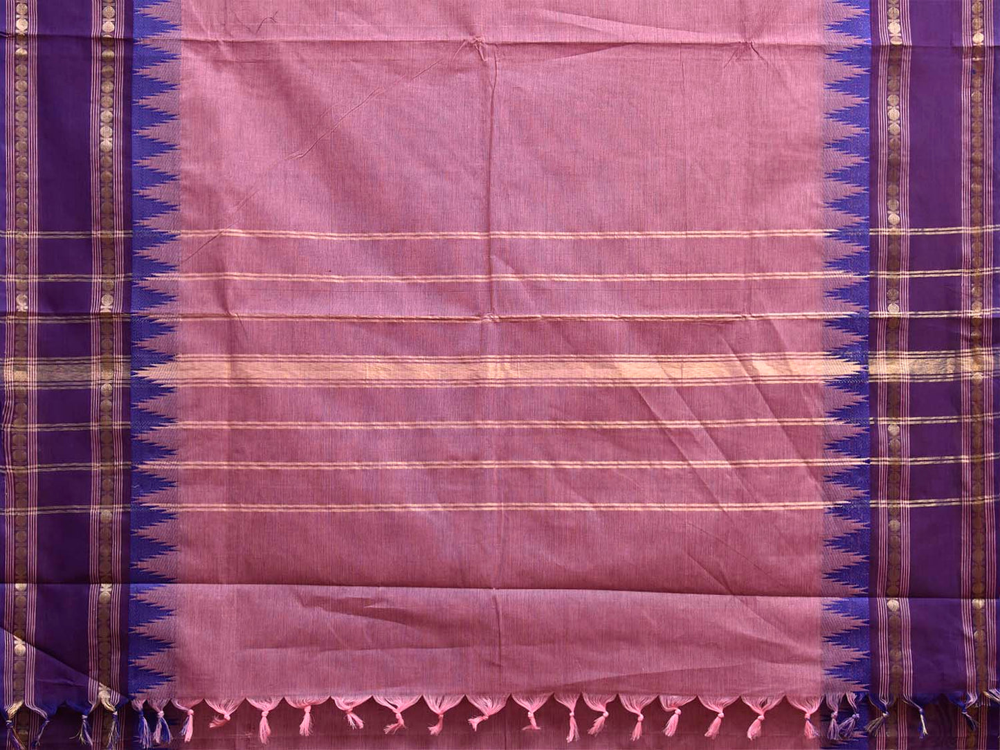 Light Pink and Blue Kanchipuram Cotton Plain Saree with Big Temple Border Design No Blouse k1025