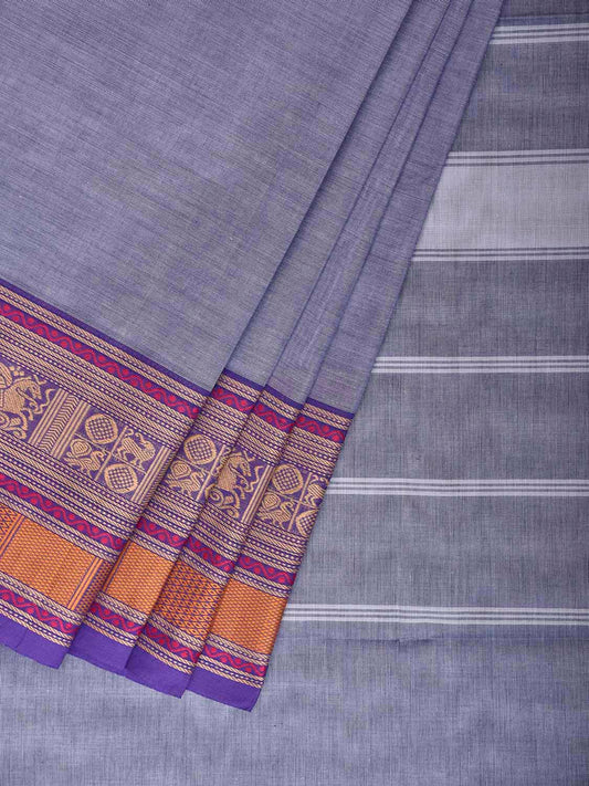 Light Blue Kanchipuram Cotton Plain Saree with Strips Pallu and Border Design No Blouse k1026