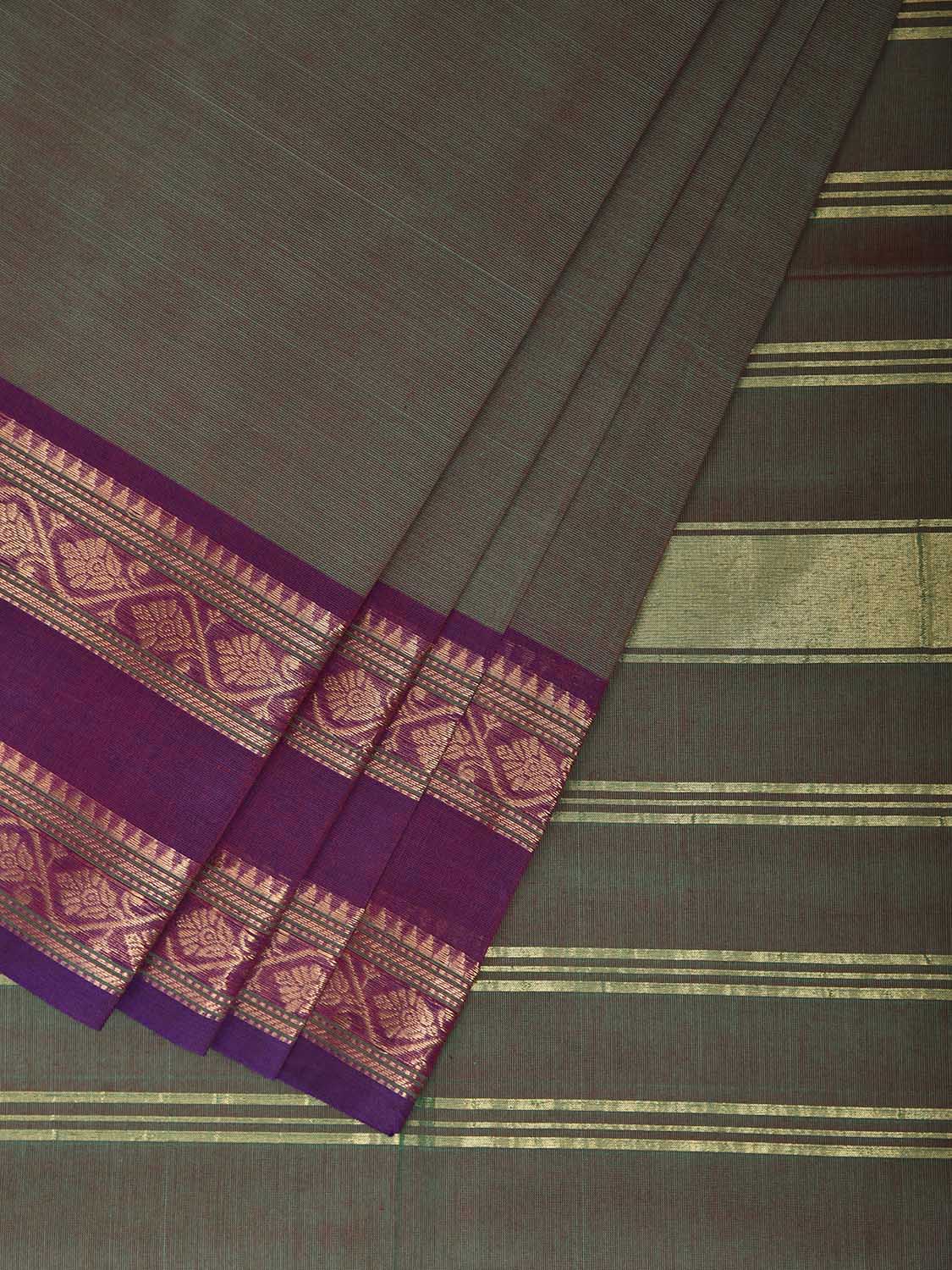 Dark Olive and Purple Kanchipuram Cotton Plain Saree with Strips Pallu and Border Design No Blouse k1027