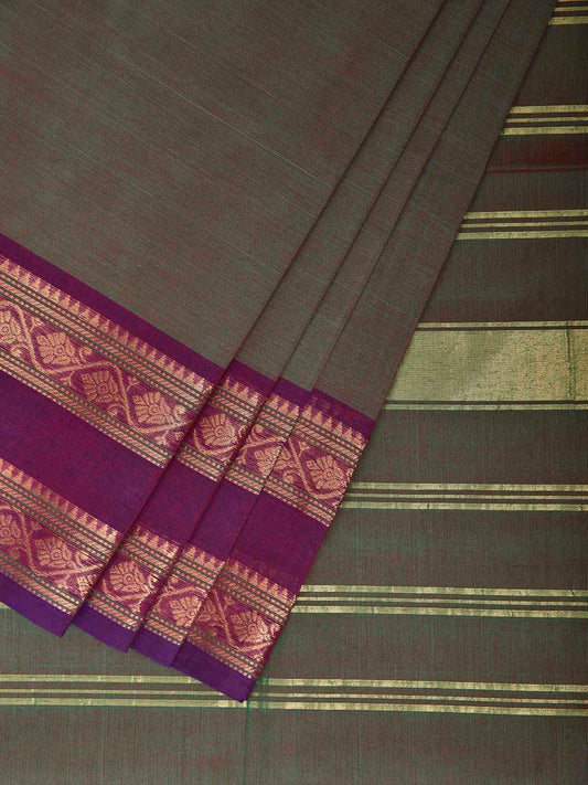 Dark Olive and Purple Kanchipuram Cotton Plain Saree with Strips Pallu and Border Design No Blouse k1027