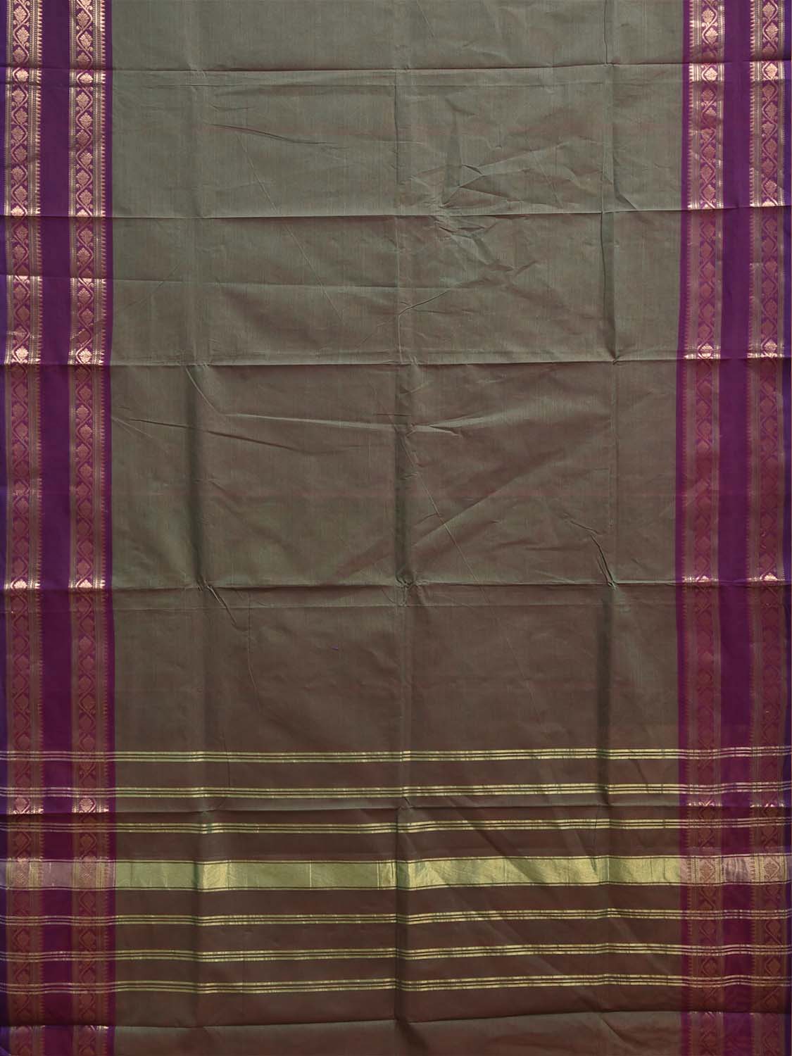 Dark Olive and Purple Kanchipuram Cotton Plain Saree with Strips Pallu and Border Design No Blouse k1027