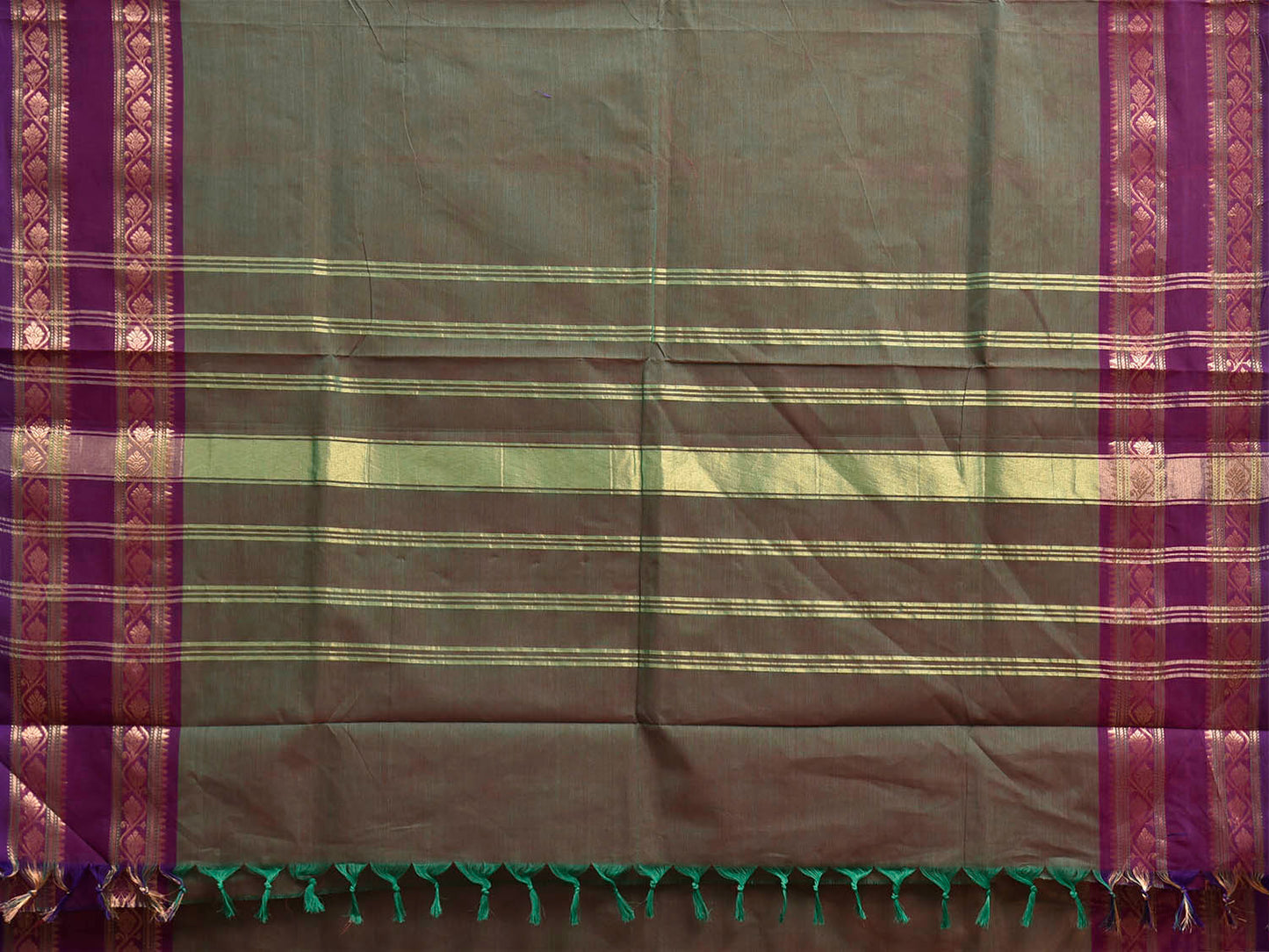 Dark Olive and Purple Kanchipuram Cotton Plain Saree with Strips Pallu and Border Design No Blouse k1027