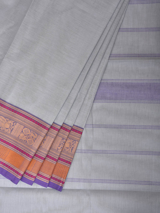 Sea Blue Kanchipuram Cotton Plain Saree with Strips Pallu and Border Design No Blouse k1028