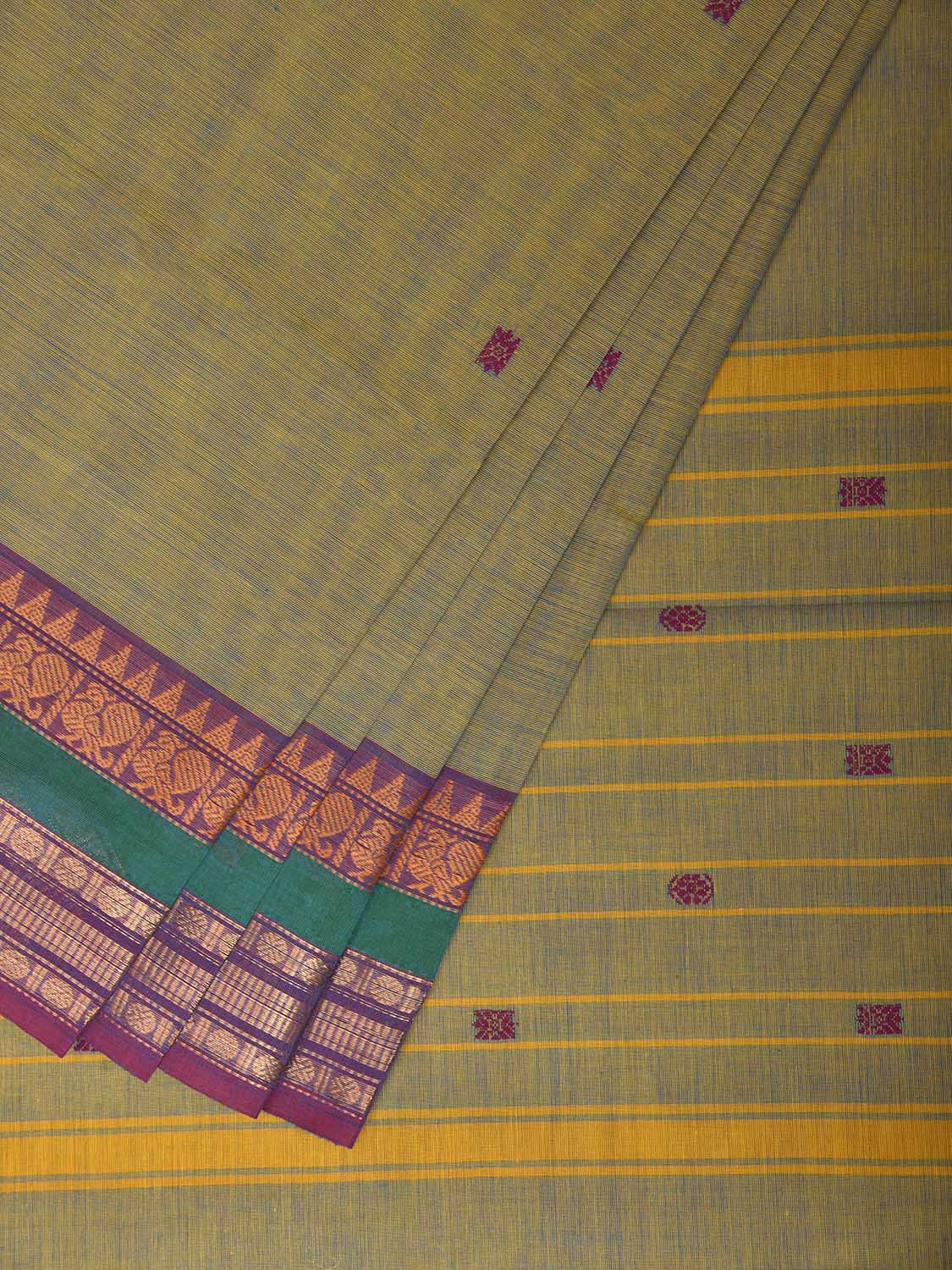 Sea Green Kanchipuram Cotton Saree with Strips Pallu and Border Design No Blouse k1029